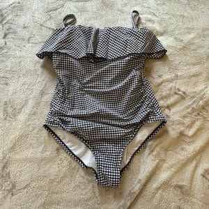 Kona Sol navy and white gingham pattern 1 piece printed swim suit Size L